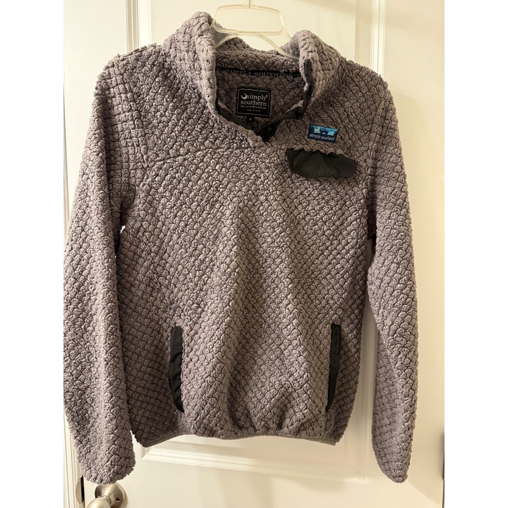 Simply Southern Pullover Fleece Fuzzy Sherpa Snap Neck Gray Size S